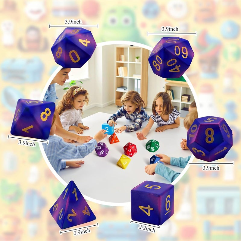 Arrowbash 6 Pcs Jumbo Polyhedra Dice 3.94 Inch Jumbo Foam Polyhedral Dice 6 Set 4, 6, 8, 10, 12 Sides Gifts for Games Teach Numbers Addition Subtraction Probability Learning (Starry Sky Purple) - Image 2